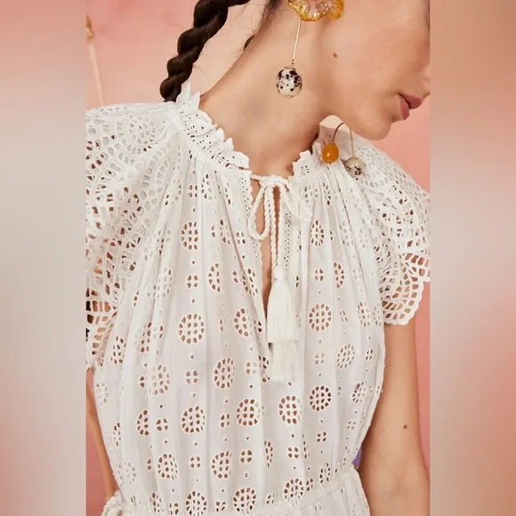 Ulla Johnson Gianna White Eyelet Midi Dress Size 0 XS Tiered Tasseled Boho Bride - Picture 4 of 16